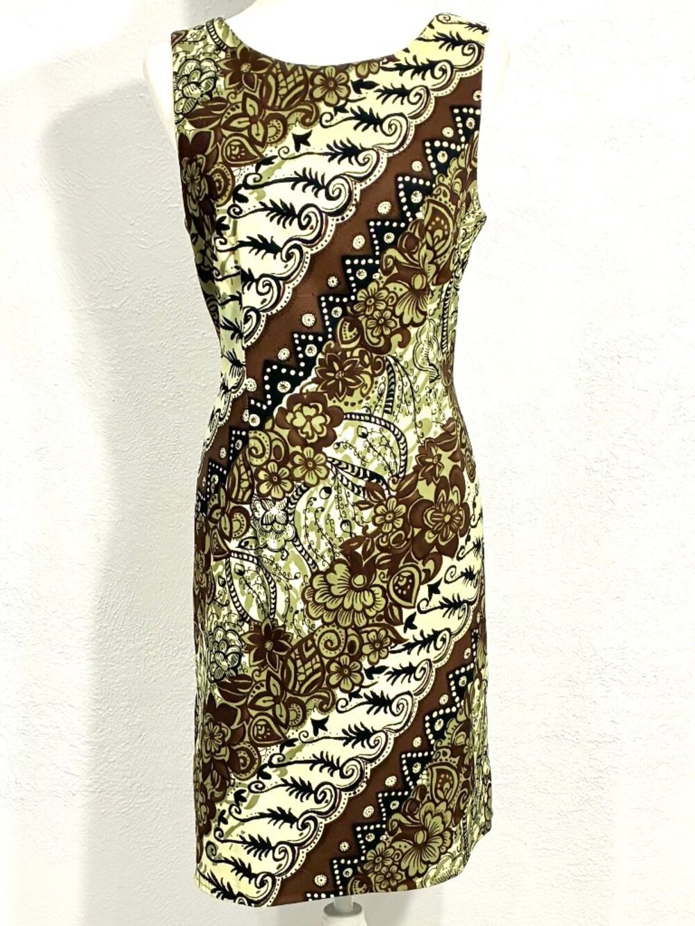 Sleeveless Sheath Dress with Stretch, Greens/Brown, Size12, Back Zip, Connected